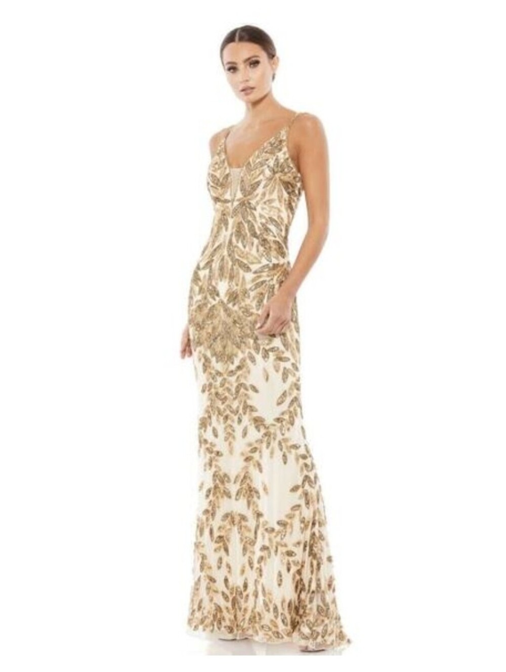 Mac Duggal Embellished Leaf Evening Gown Nude Gold 2 XS 5107 Maxi Dress Formal